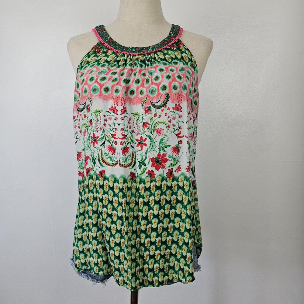 Sundance Floral Paisley High Neck Tank Blouse Sz S Green‎ Pink Rayon Top